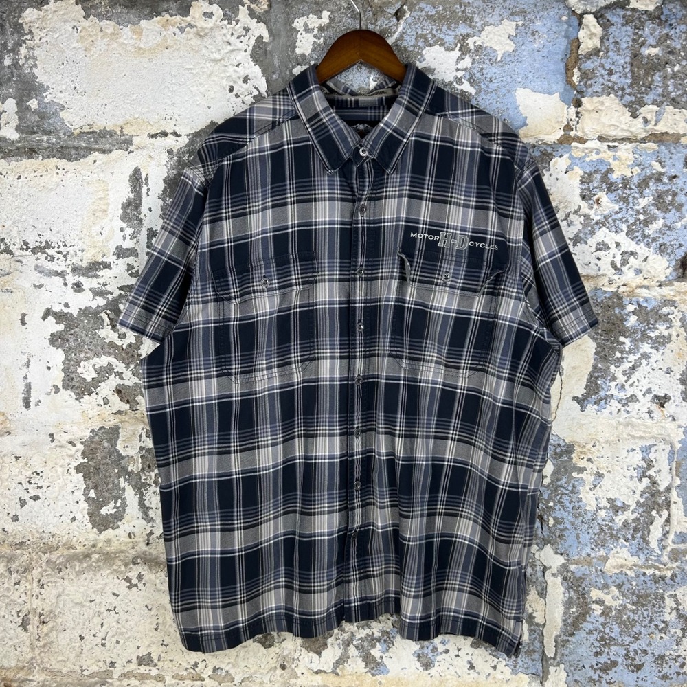 Harley-Davidson Plaid Checkered Shirt Blue Grey Embroidered Biker Logo Mens 3XL